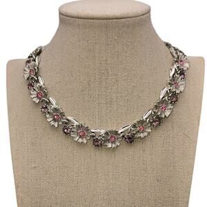 Floral Rhinestone Necklace Pink & Purple Silver-Tone Romantic Vintage